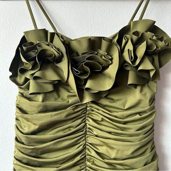 Maygel Coronel Estribo Appliquéd Ruched Stretch-Jersey Mini Dress in Olive Green - Picture 4 of 10